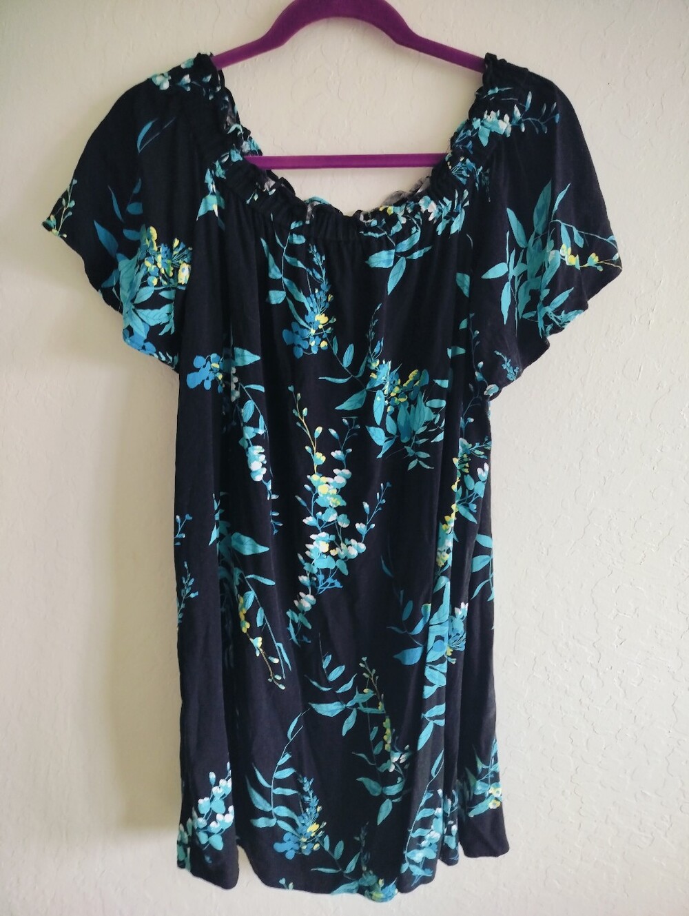 a.n.a A New Approach Floral Off-Shoulder 100% Rayon Dress Size Large Teal Blk